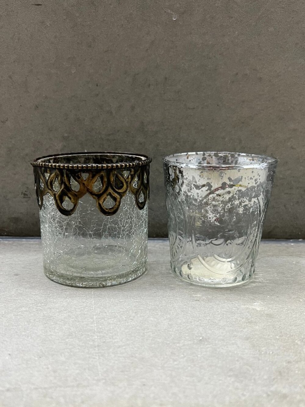 2 Tealight Votive Candle Holders: Crackled Glass Metal Rim & Trim/Speckled Glass
